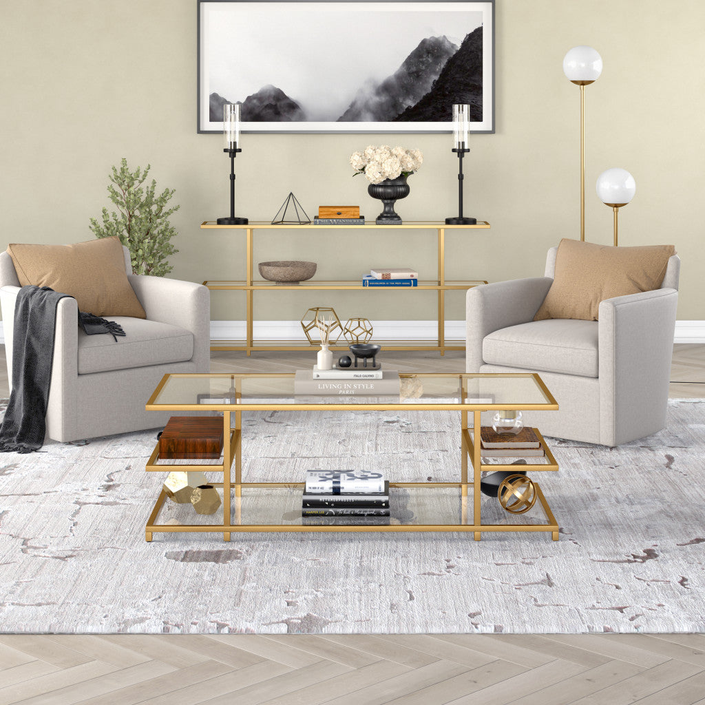 54" Gold Glass And Steel Coffee Table With Three Shelves