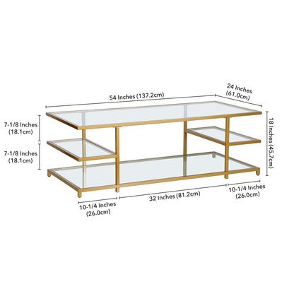 54" Gold Glass And Steel Coffee Table With Three Shelves