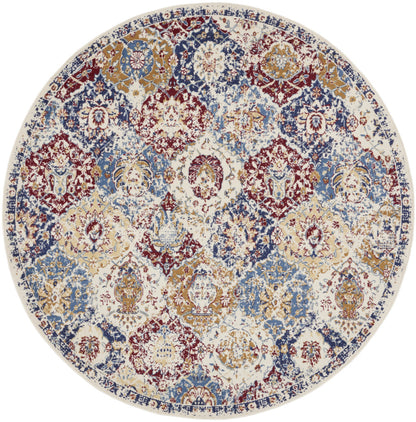 8' Navy Blue Round Damask Power Loom Distressed Area Rug