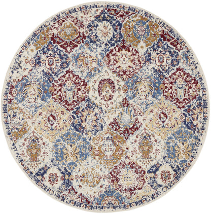 8' Navy Blue Round Damask Power Loom Distressed Area Rug