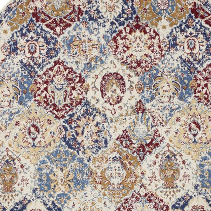 8' Navy Blue Round Damask Power Loom Distressed Area Rug