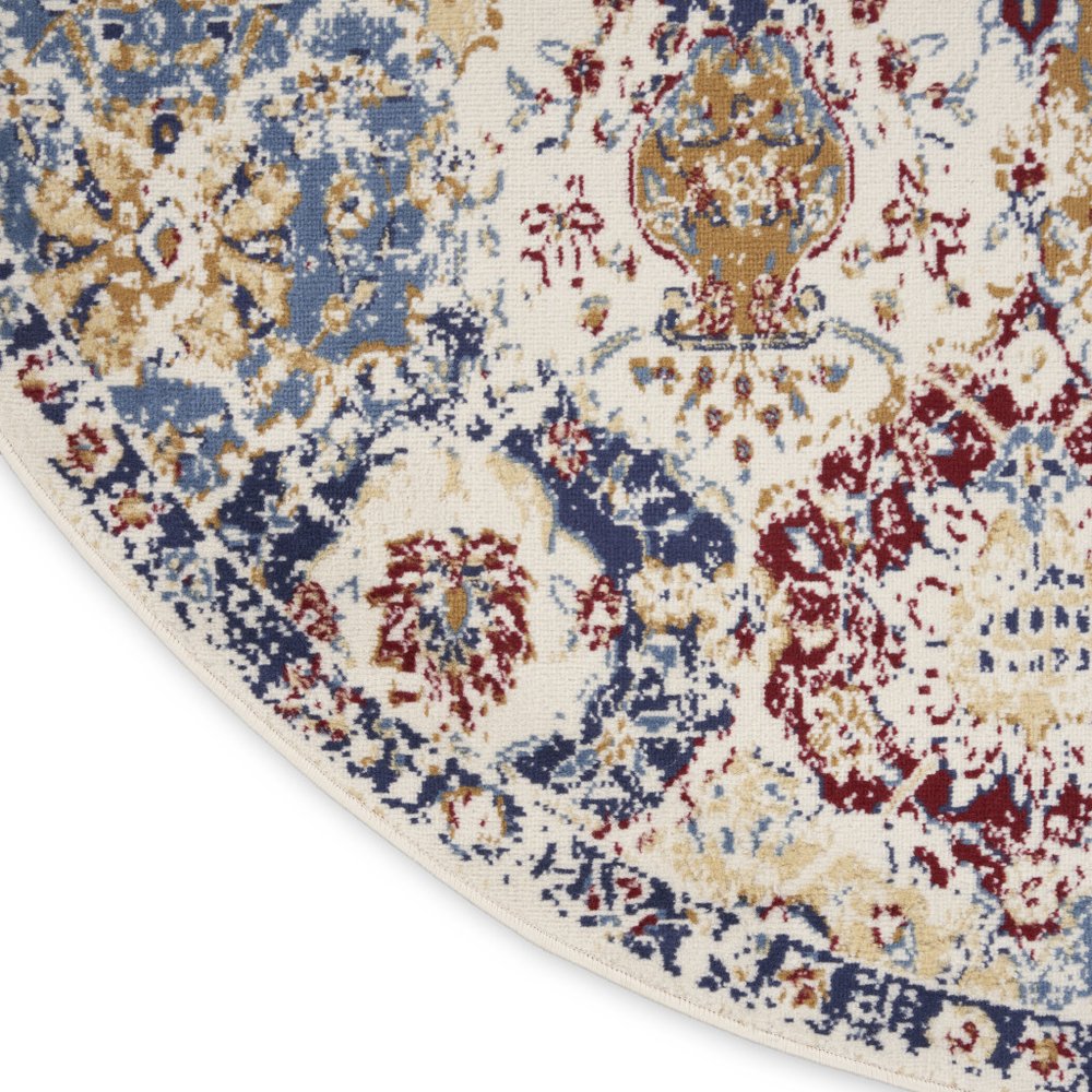8' Navy Blue Round Damask Power Loom Distressed Area Rug
