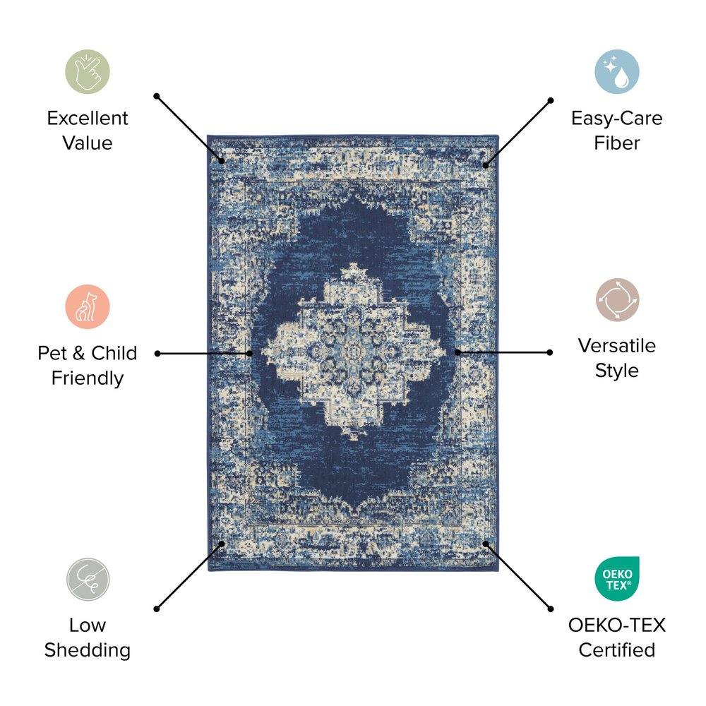 8' Navy Blue Round Damask Power Loom Distressed Area Rug