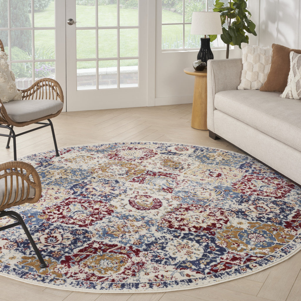 8' Navy Blue Round Damask Power Loom Distressed Area Rug