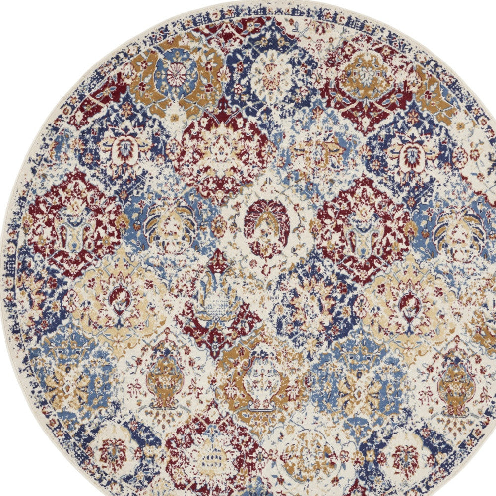 8' Navy Blue Round Damask Power Loom Distressed Area Rug