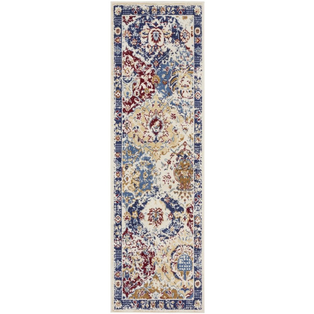 8' Navy Blue Damask Power Loom Distressed Runner Rug