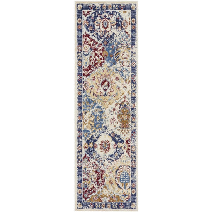 8' Navy Blue Damask Power Loom Distressed Runner Rug