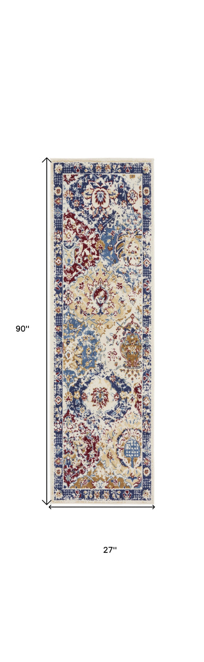 8' Navy Blue Damask Power Loom Distressed Runner Rug