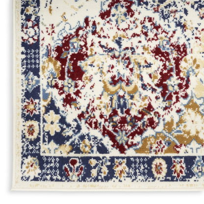 8' X 10' Navy Blue Damask Power Loom Distressed Area Rug