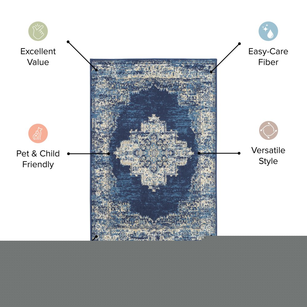 5' X 7' Navy Blue Damask Power Loom Distressed Area Rug