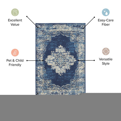 5' X 7' Navy Blue Damask Power Loom Distressed Area Rug