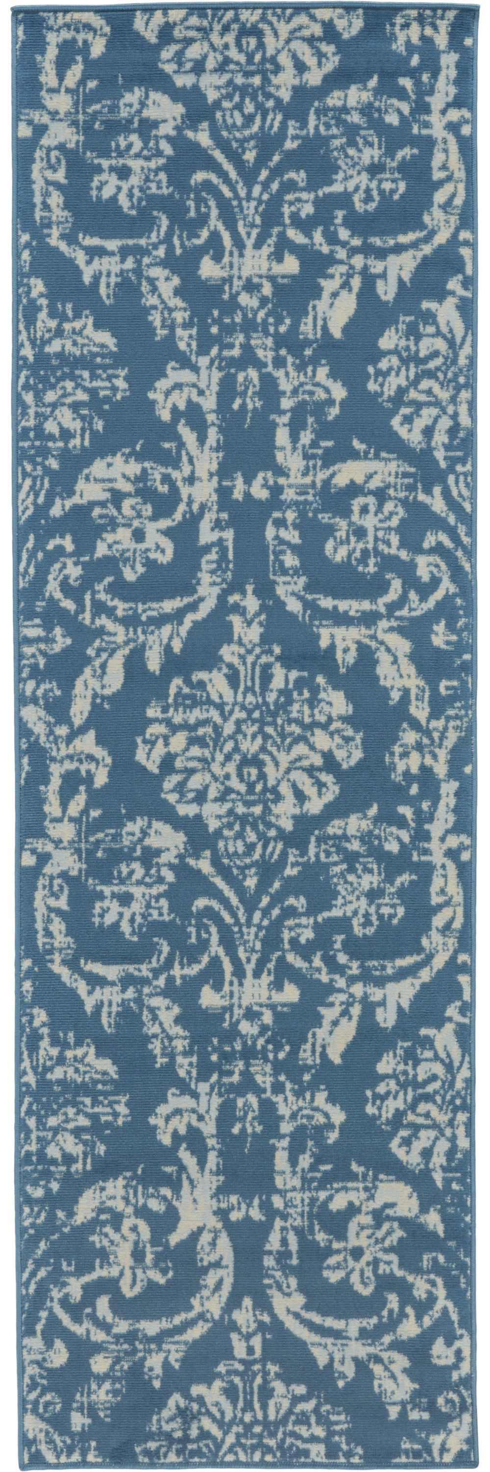 7' Blue Damask Power Loom Runner Rug