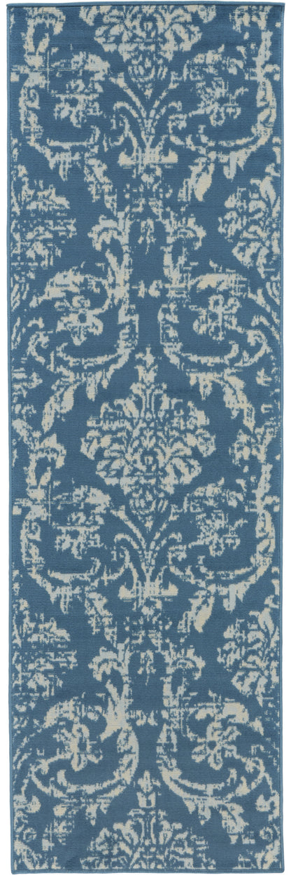 7' Blue Damask Power Loom Runner Rug