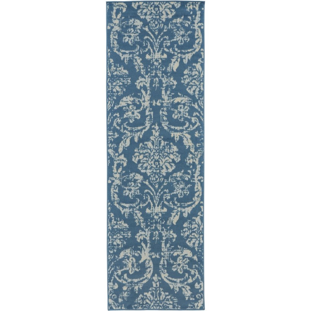 7' Blue Damask Power Loom Runner Rug