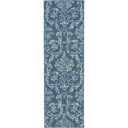7' Blue Damask Power Loom Runner Rug
