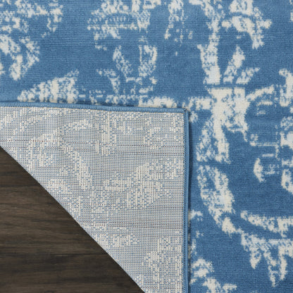 7' Blue Damask Power Loom Runner Rug