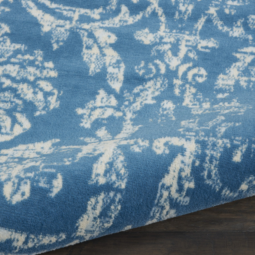 7' Blue Damask Power Loom Runner Rug