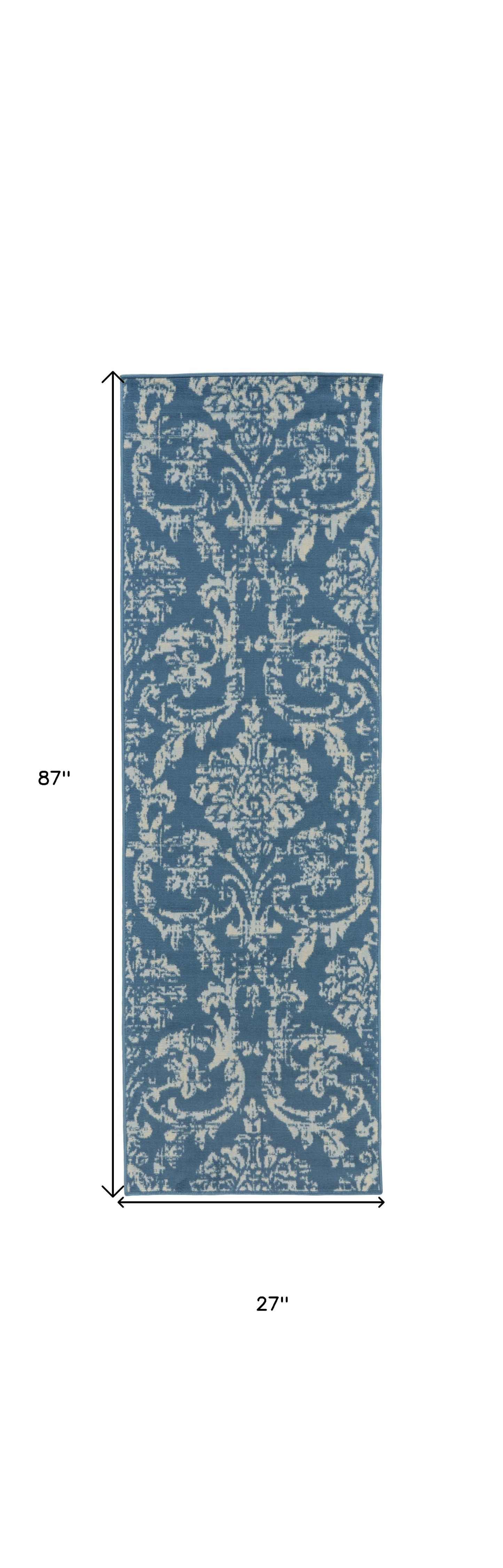 7' Blue Damask Power Loom Runner Rug