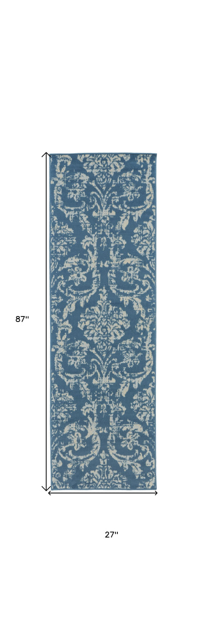 7' Blue Damask Power Loom Runner Rug