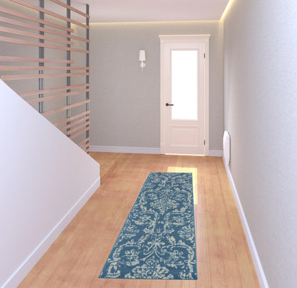 7' Blue Damask Power Loom Runner Rug