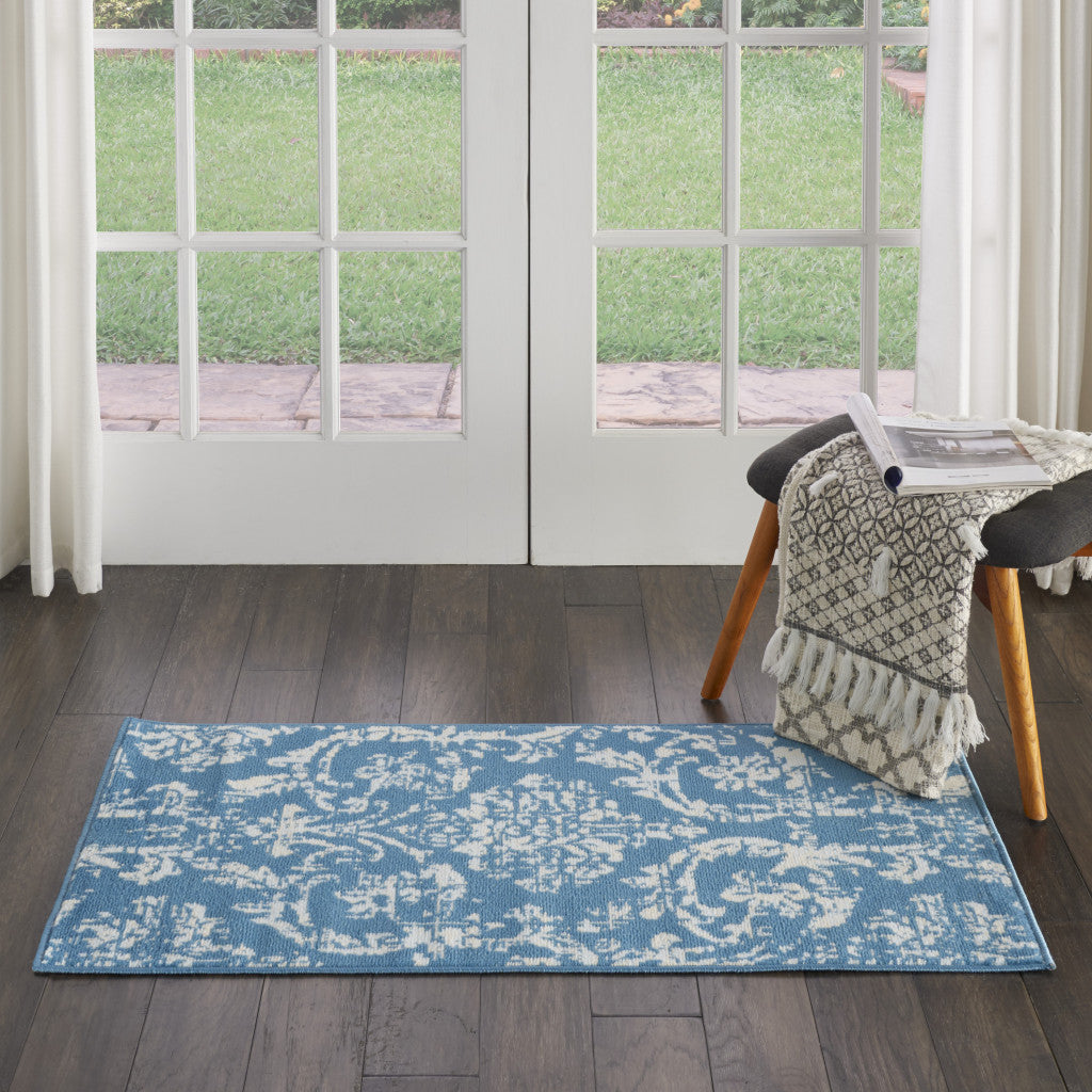 2' X 4' Blue Damask Power Loom Area Rug