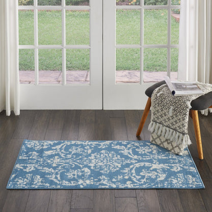 2' X 4' Blue Damask Power Loom Area Rug