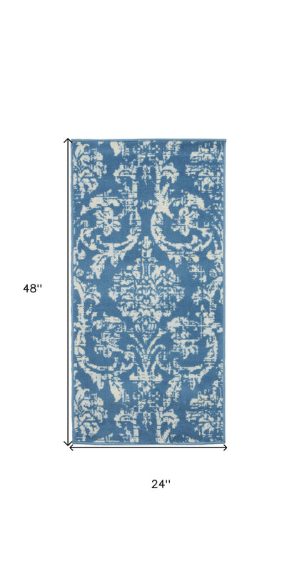 2' X 4' Blue Damask Power Loom Area Rug