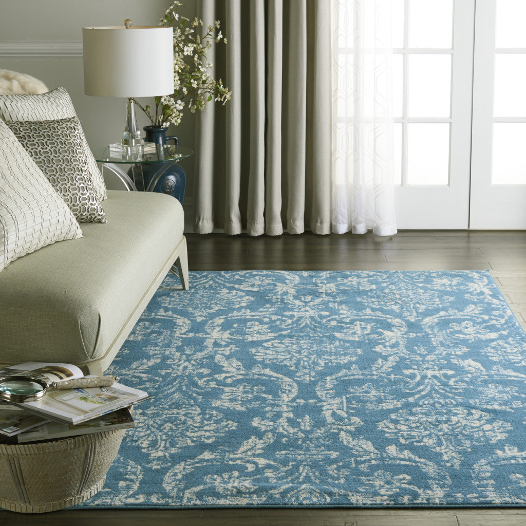 5' X 7' Blue Damask Power Loom Area Rug