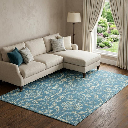 6' X 9' Blue Damask Power Loom Area Rug