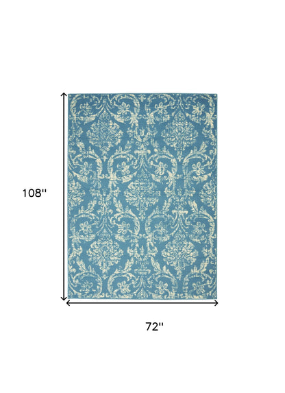 6' X 9' Blue Damask Power Loom Area Rug