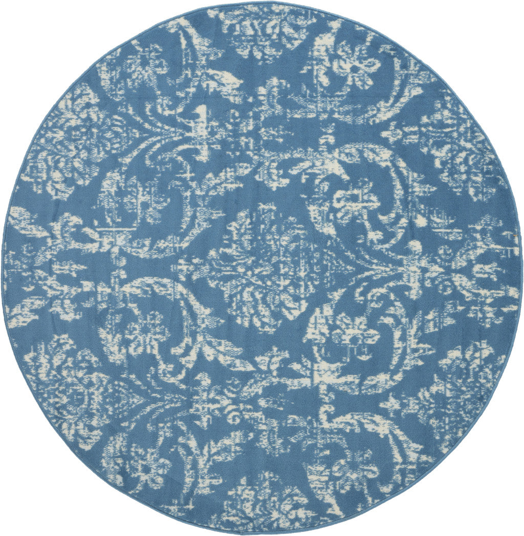 5' Blue Round Damask Power Loom Area Rug