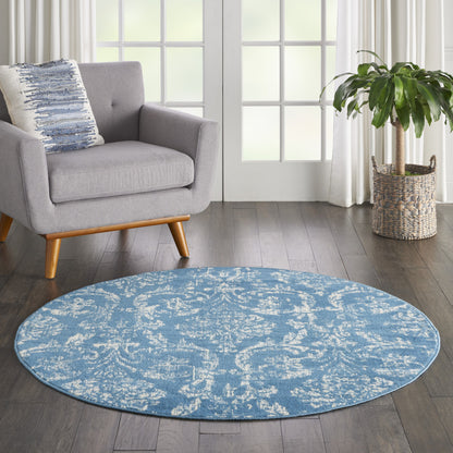 5' Blue Round Damask Power Loom Area Rug