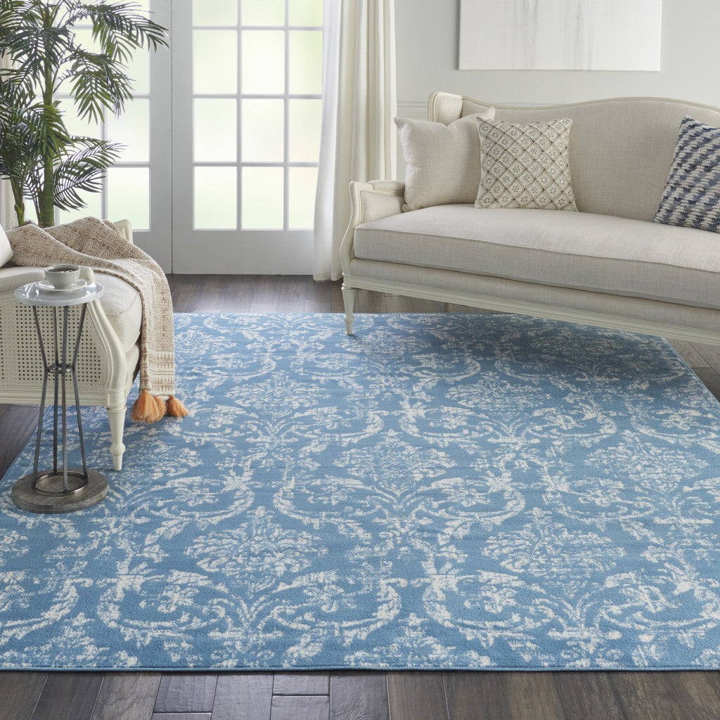 8' X 10' Blue Damask Power Loom Area Rug