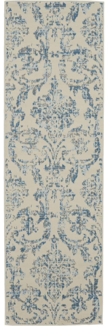 7' Cream Damask Power Loom Runner Rug