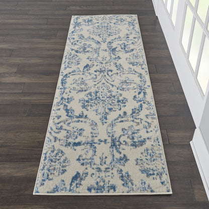 7' Cream Damask Power Loom Runner Rug