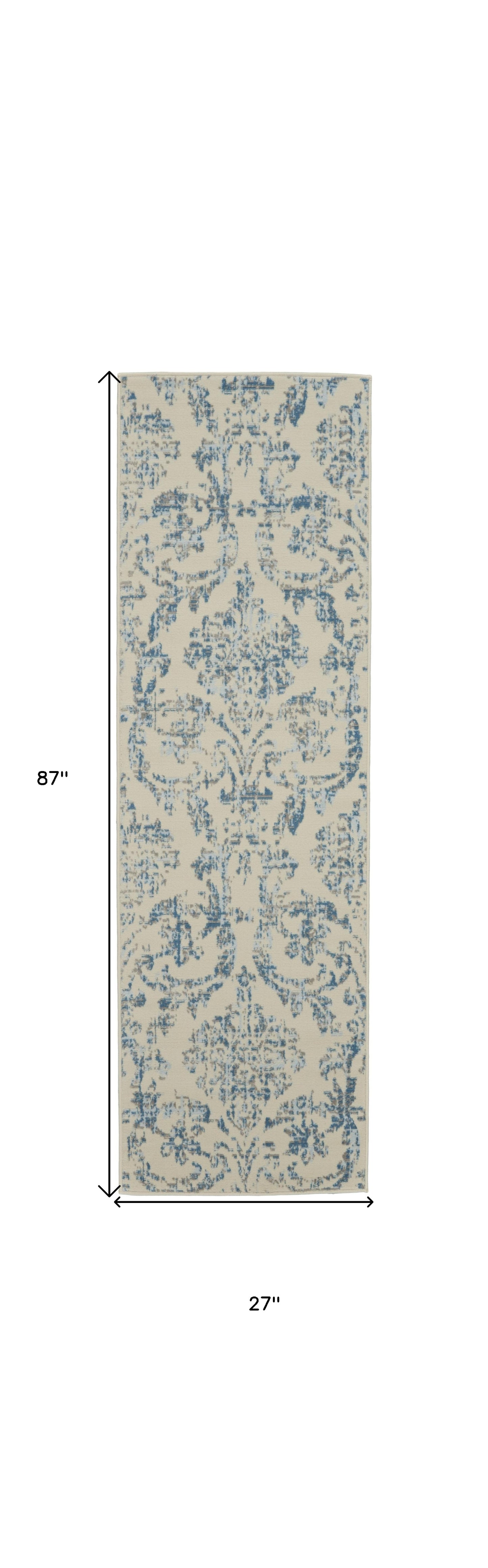 7' Cream Damask Power Loom Runner Rug