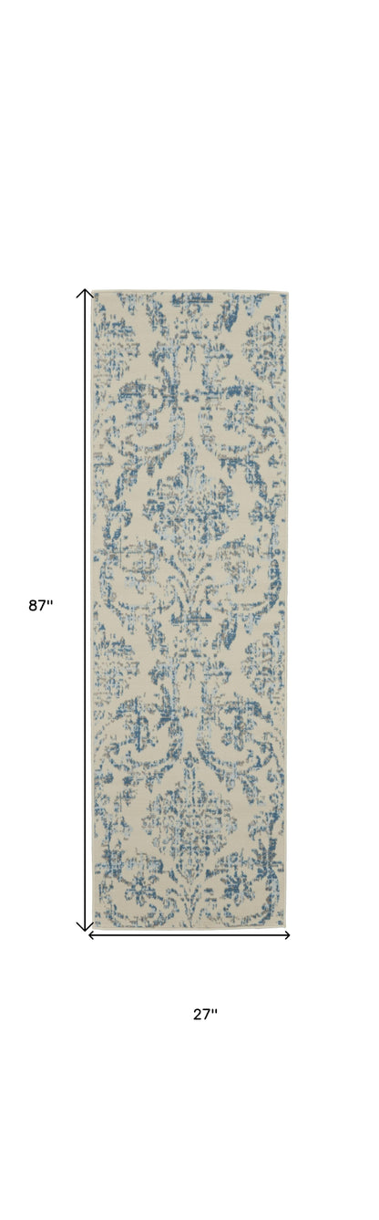 7' Cream Damask Power Loom Runner Rug