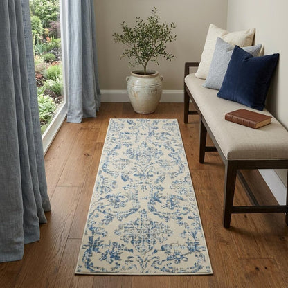 7' Cream Damask Power Loom Runner Rug