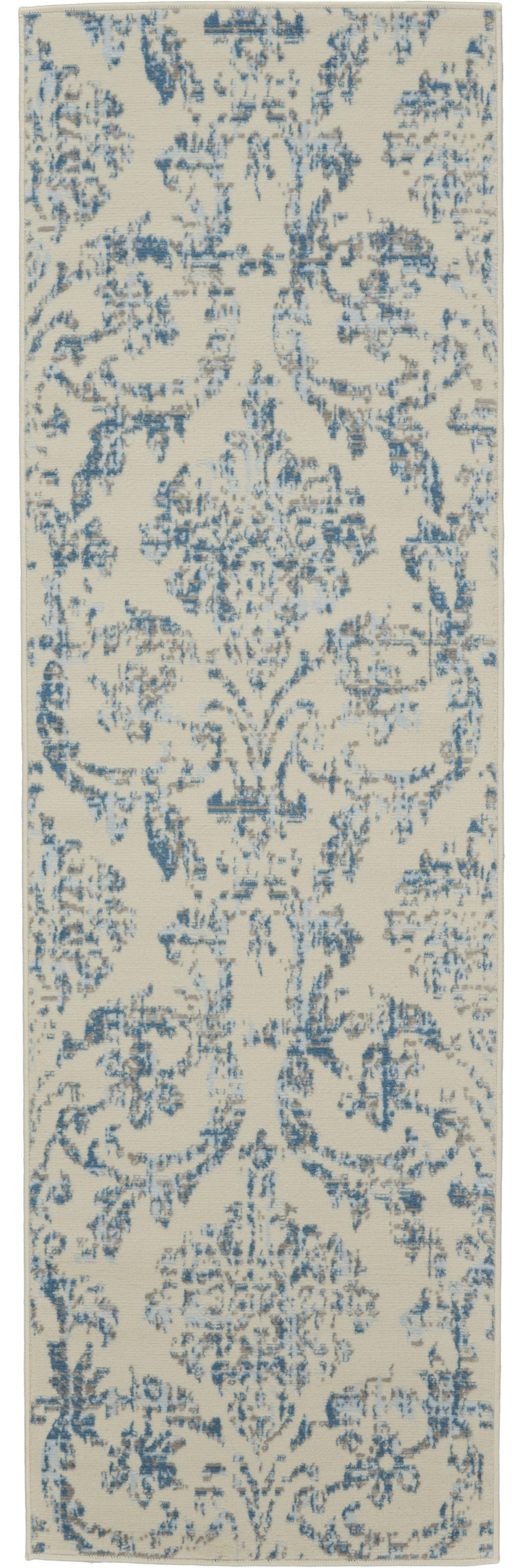 7' Cream Damask Power Loom Runner Rug