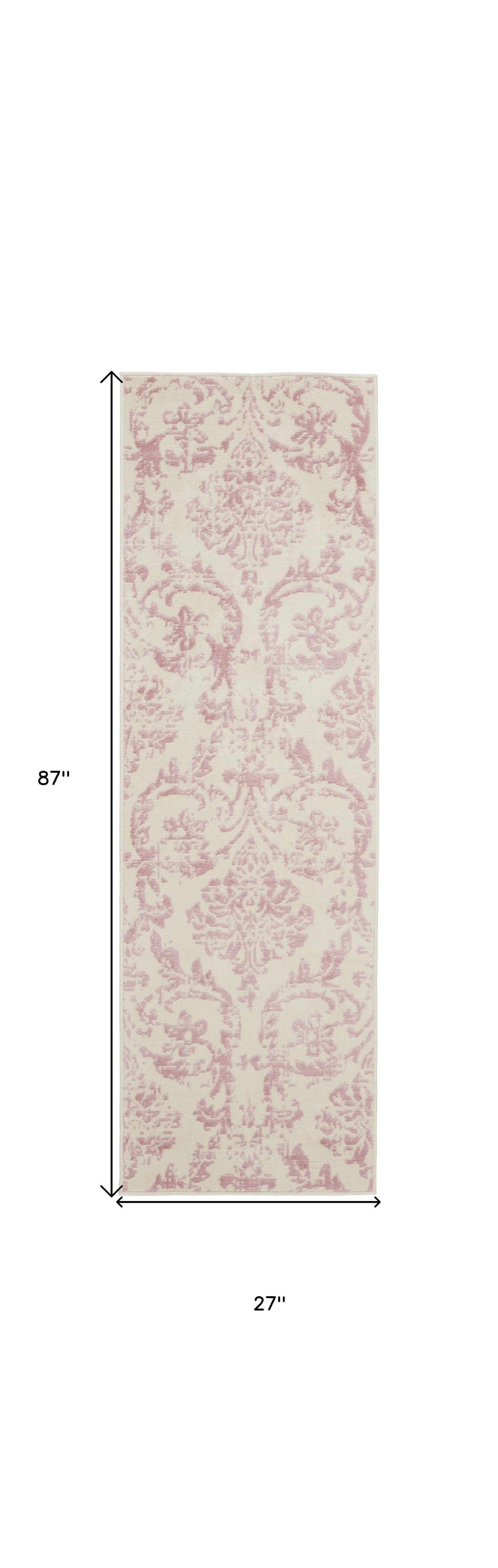 7' Cream Damask Power Loom Runner Rug