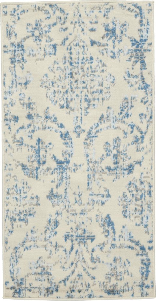2' X 4' Ivory And Blue Damask Area Rug