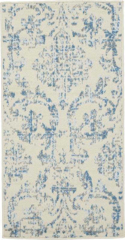 2' X 4' Ivory And Blue Damask Area Rug