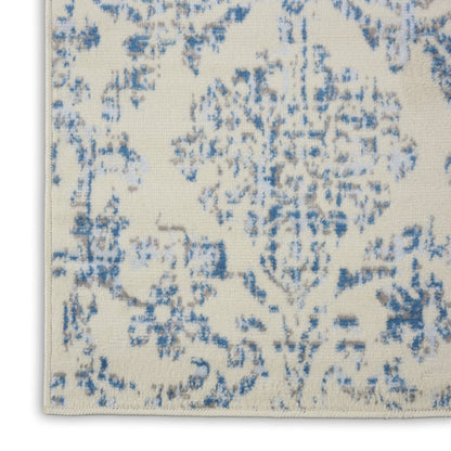 2' X 4' Ivory And Blue Damask Area Rug
