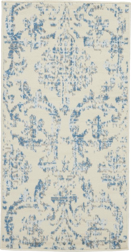 2' X 4' Ivory And Blue Damask Area Rug