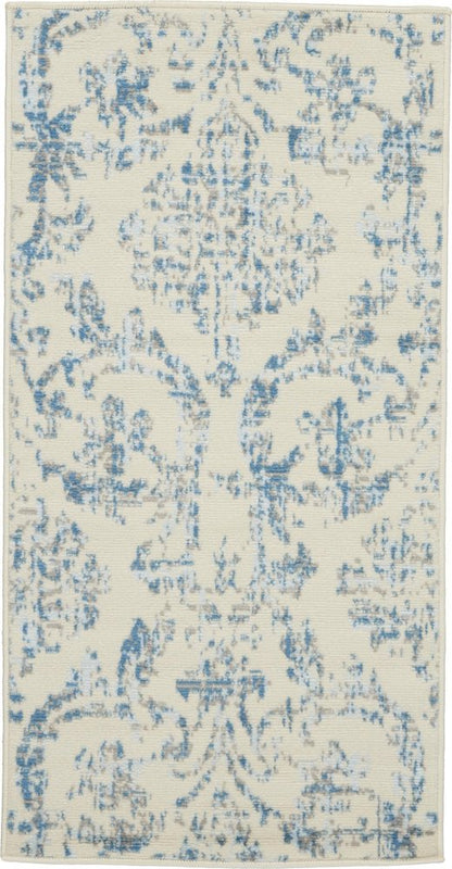 2' X 4' Ivory And Blue Damask Area Rug