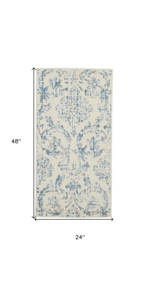 2' X 4' Ivory And Blue Damask Area Rug