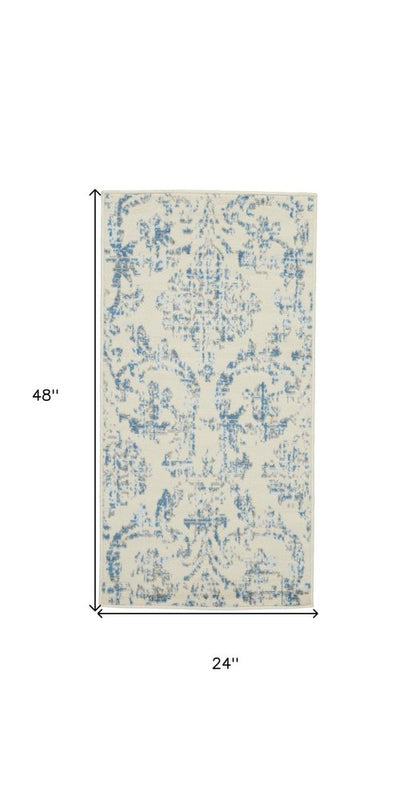 2' X 4' Ivory And Blue Damask Area Rug