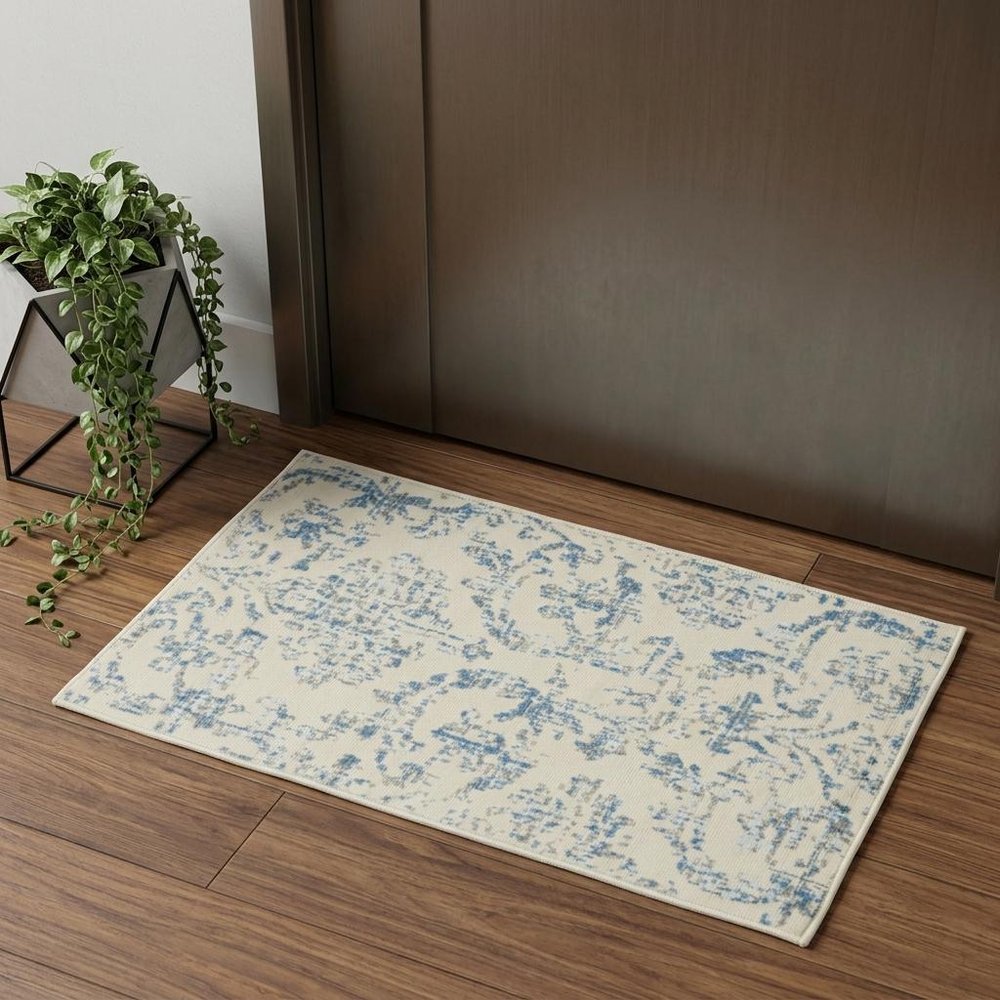 2' X 4' Ivory And Blue Damask Area Rug