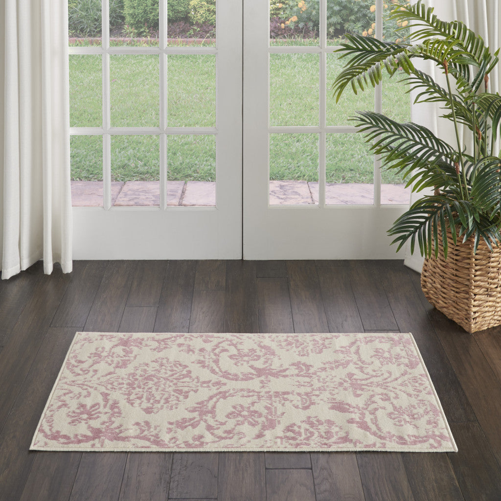 2' X 4' Cream Damask Power Loom Area Rug