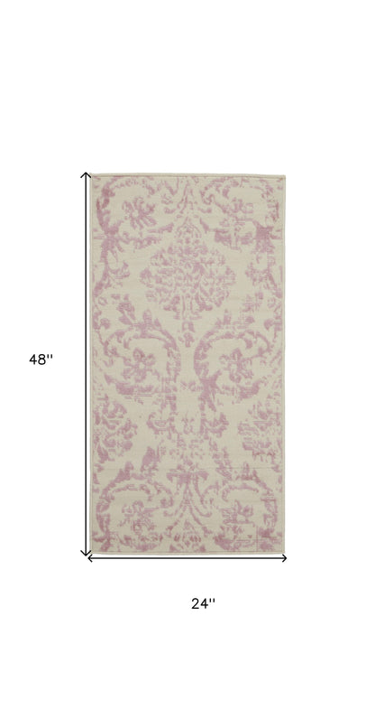 2' X 4' Cream Damask Power Loom Area Rug